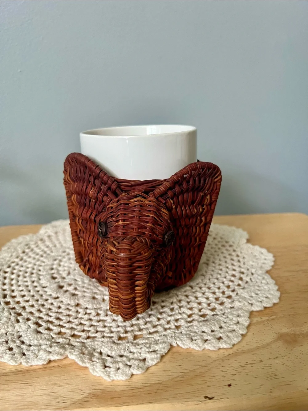 Vintage Handwoven Trunk Up Elephant Basket Planter Rich Brown Retro Wicker Boho